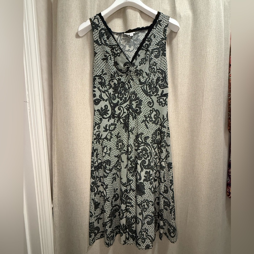London Times Dress Black White V-Neck Sleeveless Lace Print Whimsigoth Sz 12